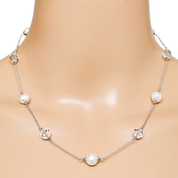 Honora Cultured Pearl Necklace with Faceted Clear Crystals, Sterling Silver - Picture 1 of 5